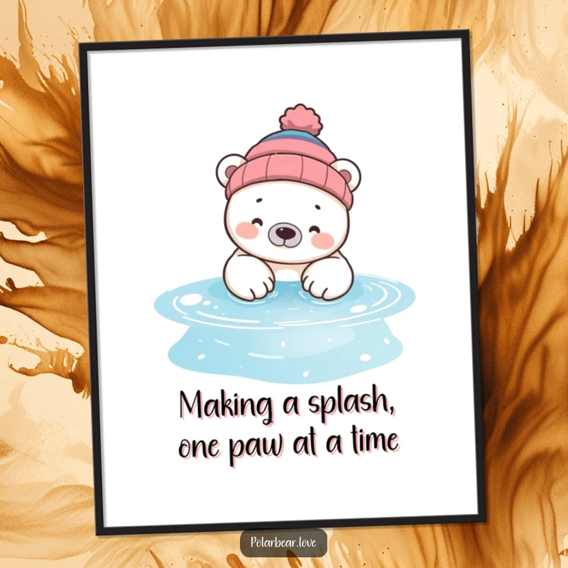 Funny Free Printable Wall Art: A silly polar bear in a beanie dips its paws into a sparkling pool.
