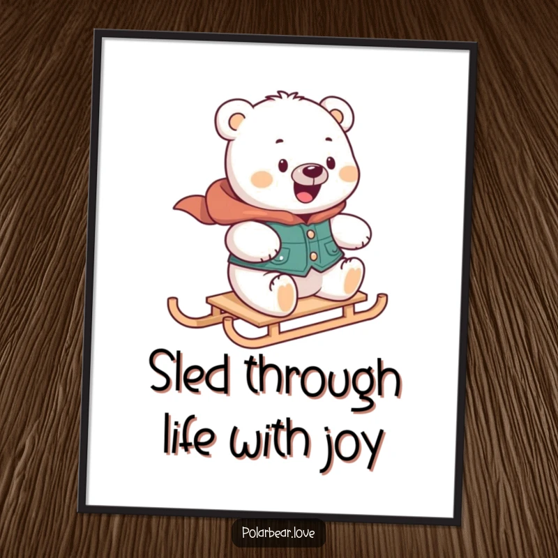 Funny Free Printable Wall Art: A delighted polar bear in a vest zooms on a mini sled, bringing arctic joy.