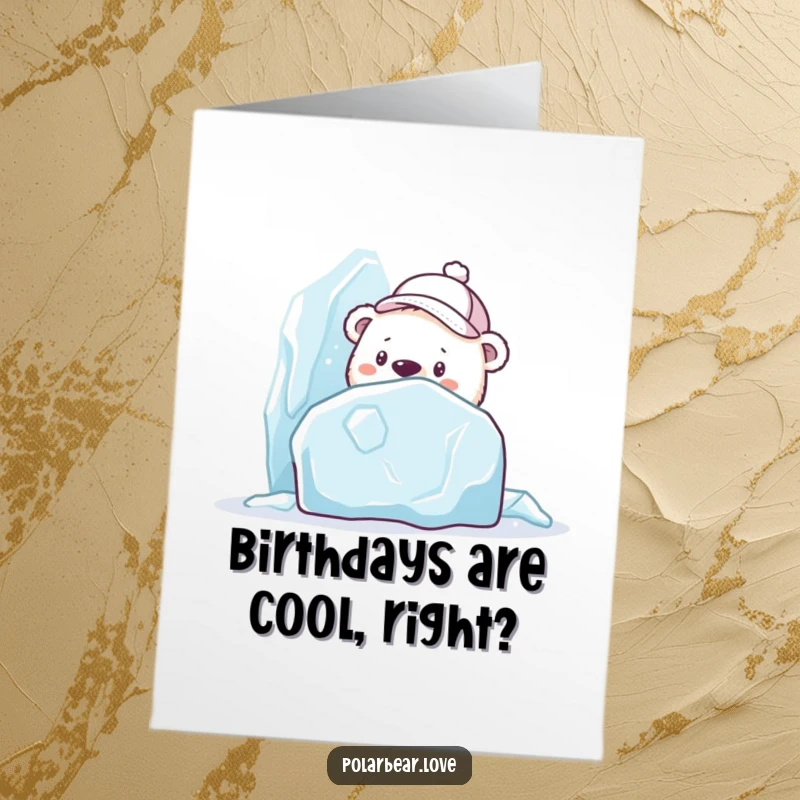 Funny Free Printable Birthday Card: A curious polar bear in a cap peeks playfully from behind a giant, sparkling ice sculpture.