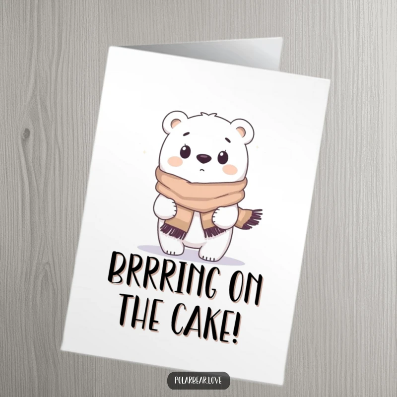 Funny Free Printable Birthday Card: Surprised polar bear in scarf blown by wind, cartoon style.