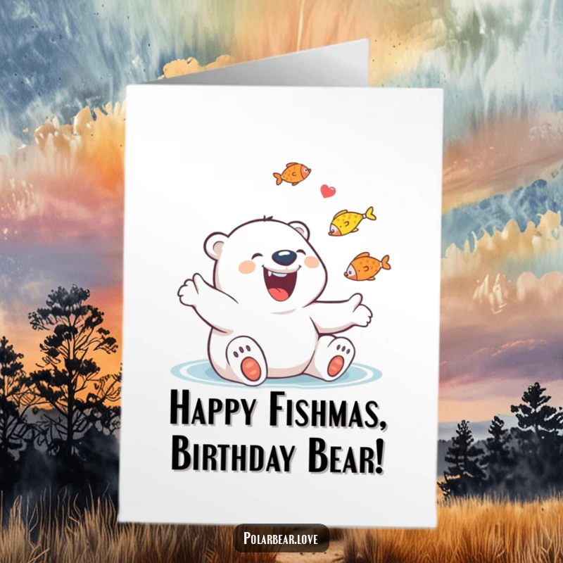 Funny Free Printable Birthday Card: Giggling Polar Bear with Huge Grin Joyfully Juggling Colorful Fish