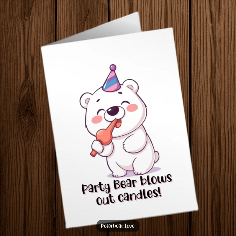 Funny Free Printable Birthday Card: Cheerful Polar Bear with Party Blower Blowing Gusto
