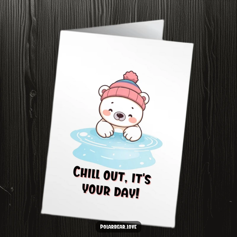 Funny Free Printable Birthday Card: A silly polar bear wearing a beanie dips its paws into a sparkling pool.