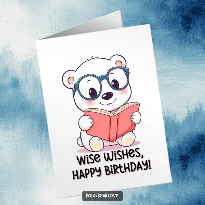 Funny Free Printable Birthday Card: A polar bear with glasses peeking at a big book, ready for birthday knowledge.