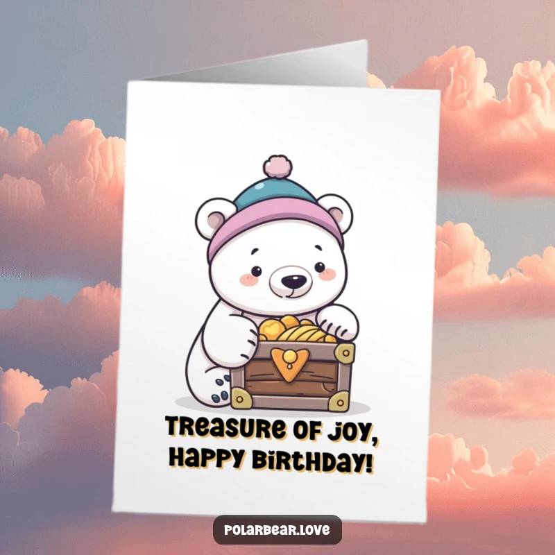 Funny free printable birthday card with a curious polar bear in a small cap, peering into a treasure chest.