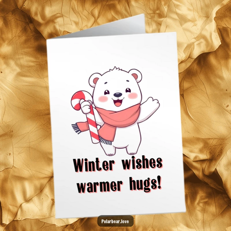 Funny Free Printable Birthday Card featuring a joyful polar bear in a bright scarf waving a giant candy cane.