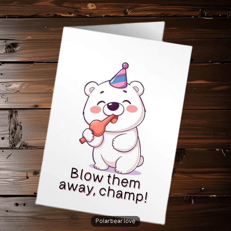 Funny Free Printable Congrats Card: Cheerful Polar Bear with Party Blower Blowing Gusto