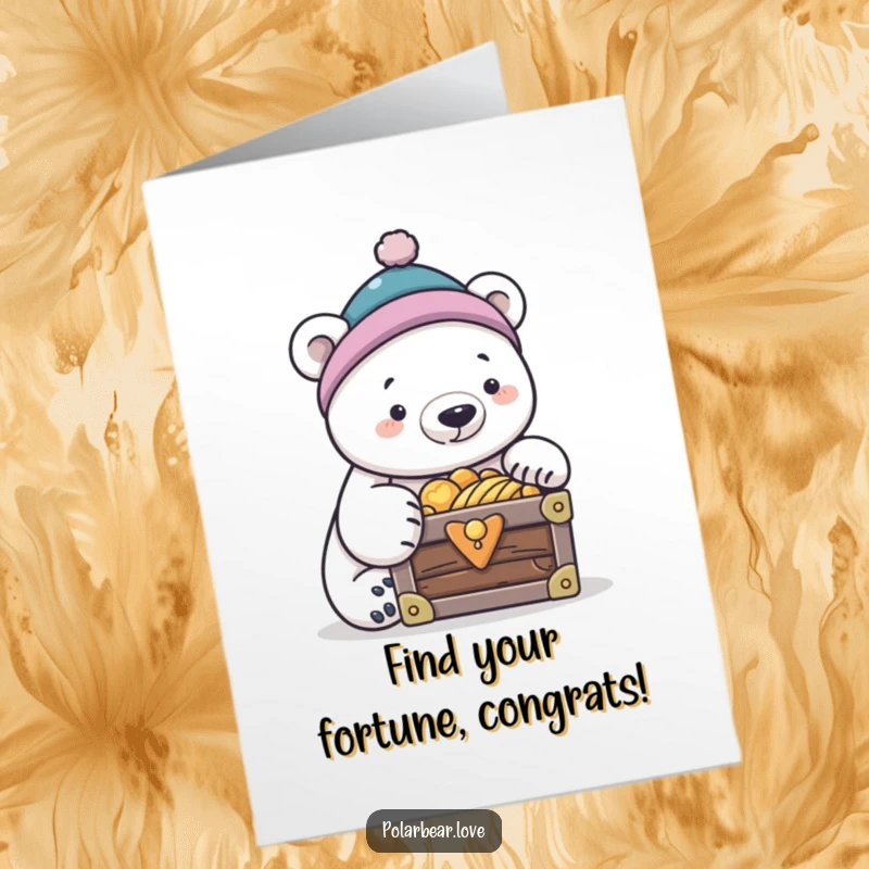 Funny free printable congratulations card with a curious polar bear in a cap, discovering treasure in a chest.