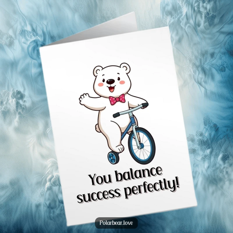 Funny Free Printable Congrats Card: Energetic Polar Bear in Bowtie Comically Attempting to Ride Unicycle