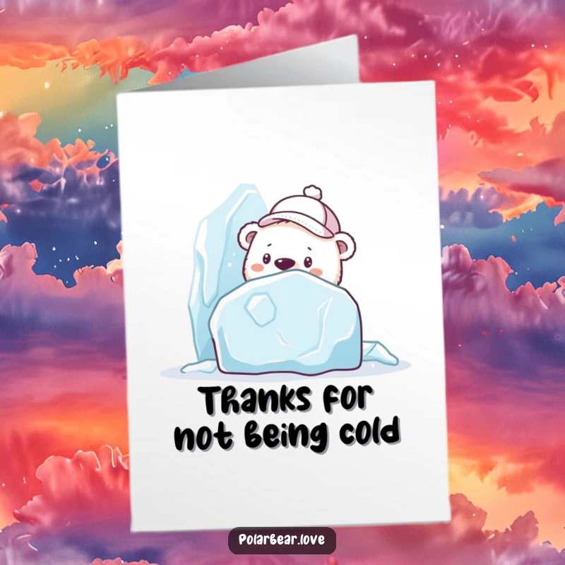 Funny Free Printable Thank You Card: A curious polar bear in a cap peeks shyly from behind an ice sculpture, sending thanks.