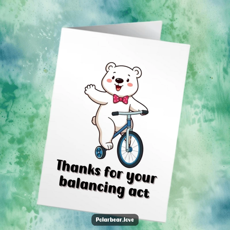 Funny Free Printable Thank You Card: Energetic Polar Bear in Bowtie Comically Attempting to Ride Unicycle