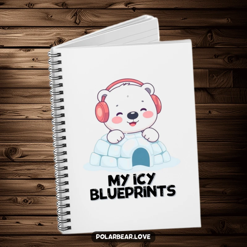 Funny polar bear igloo notebook featuring a content bear with earmuffs building a sparkling igloo, ideal for jotting down ideas.