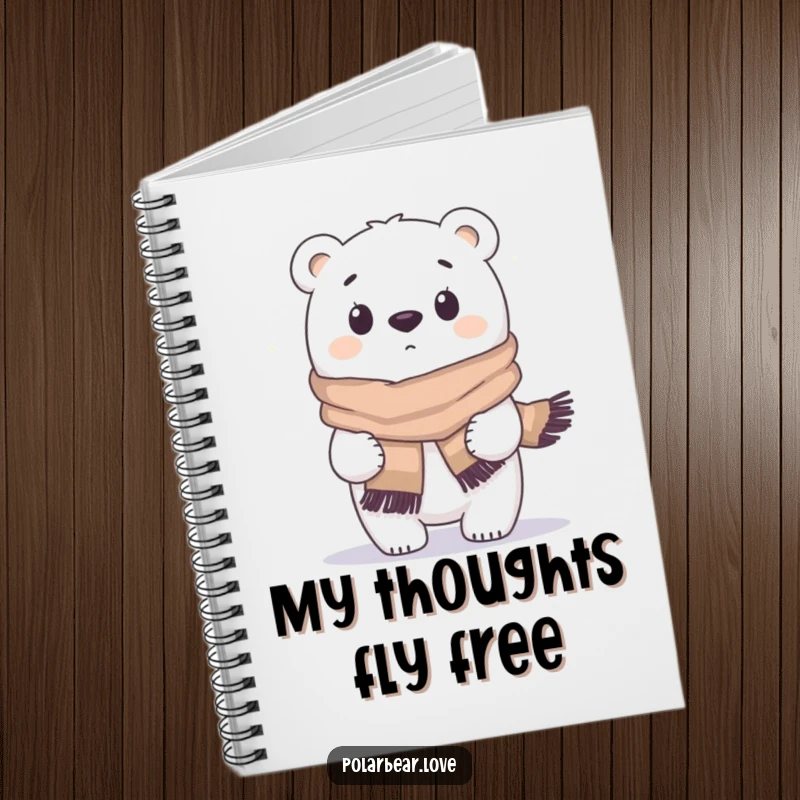 Funny polar bear notebook, wind blowing scarf, surprised expression, amusing stationery for notes and doodles.