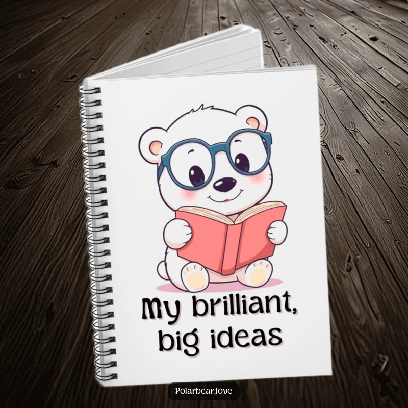 Funny polar bear spectacles notebook, featuring a curious bear with glasses reading a book.