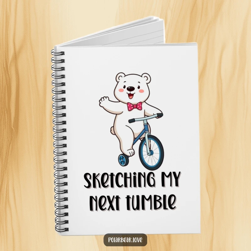 Funny Polar Bear Unicycle Notebook: An energetic polar bear with a bowtie comically attempts to ride a unicycle.