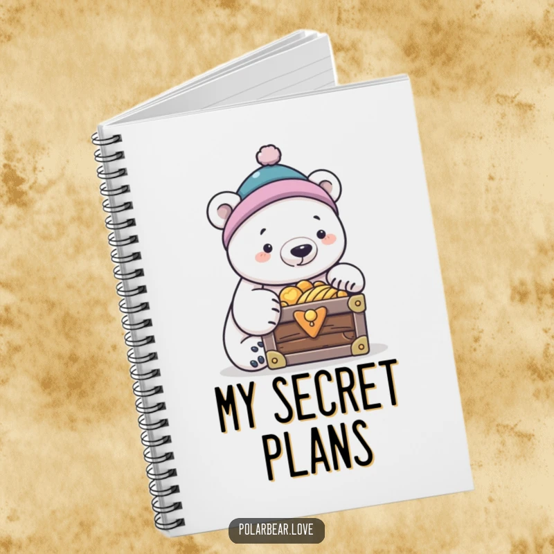 Funny polar bear in a tiny cap, peering into a treasure chest, perfect for a funny notebook gift.