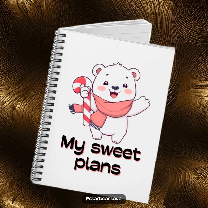 Funny polar bear notebook cover, wearing a scarf, joyfully waving a large candy cane, ideal for jotting down notes with holiday spirit.
