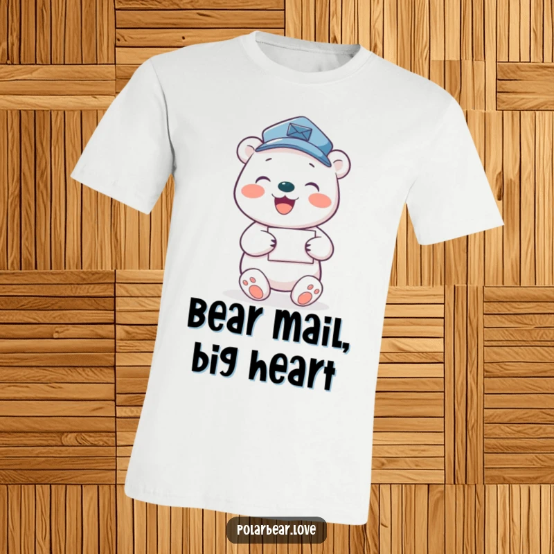 Funny polar bear mail carrier t-shirt, featuring a joyful bear in a tiny hat delivering letters.