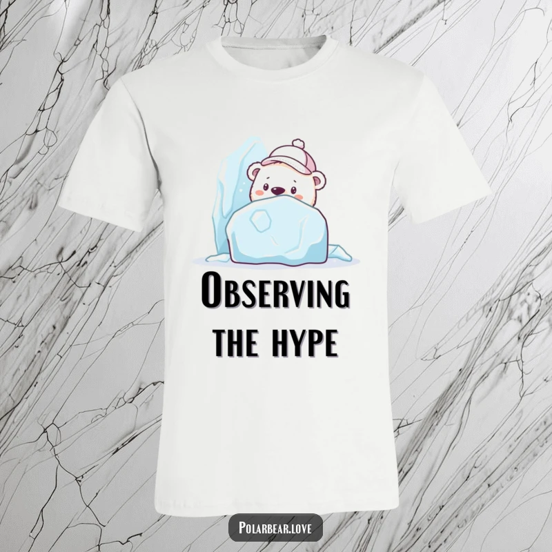 Funny polar bear t-shirt in a cap, curiously peeking from behind a large ice sculpture, ideal for playful apparel enthusiasts.