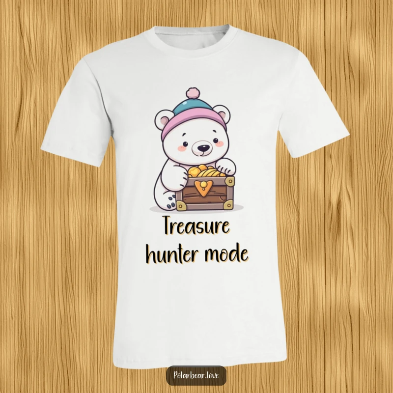 Funny polar bear wearing a tiny cap, peeking into a treasure chest, ideal funny t-shirt.