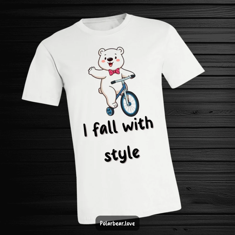Funny Polar Bear Unicycle T-Shirt: An energetic polar bear wearing a bowtie comically attempts to ride a unicycle.