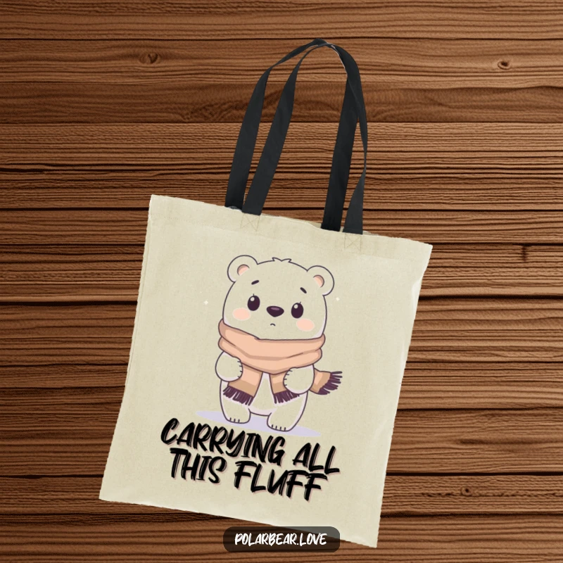Funny polar bear tote bag, wind gust blowing scarf, surprised expression, cute and comical arctic animal.