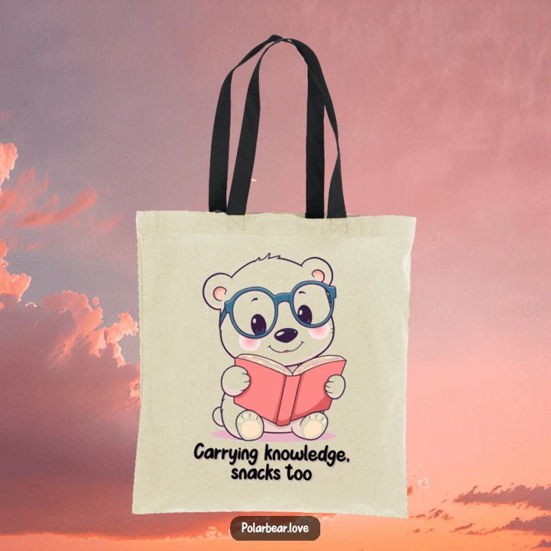 Funny polar bear spectacles tote bag, featuring a curious bear with large glasses reading a book.
