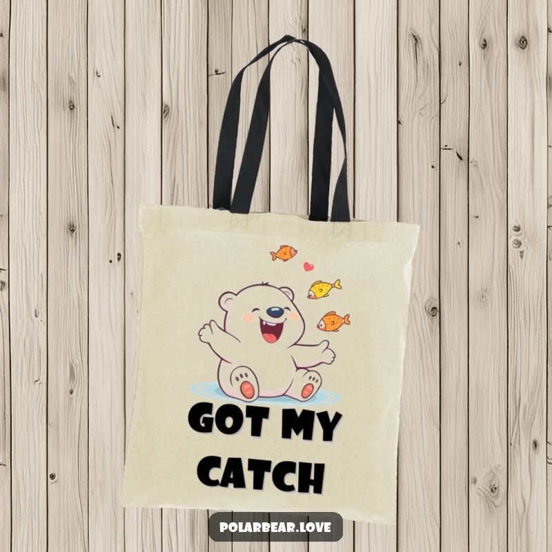 Funny Polar Bear Juggling Fish Tote Bag: A giggling polar bear with a huge grin juggles colorful fish.