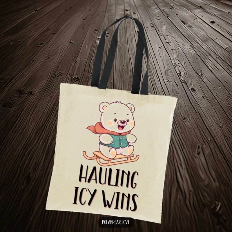 Funny polar bear tote bag in a vest, looking delighted while zooming on a mini sled, great for carrying winter fun humorously.