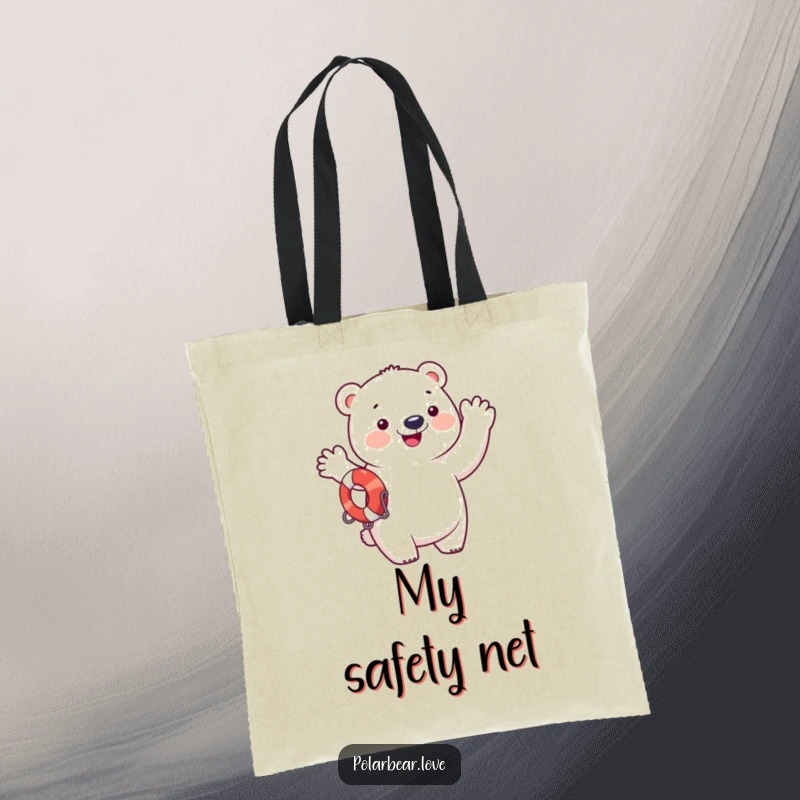 Funny polar bear in a life preserver, waving enthusiastically, a charming and funny tote.